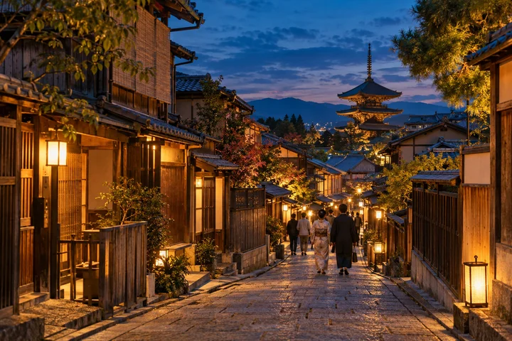 AI-generated Kyoto-inspired lane; an imagined travel scene.