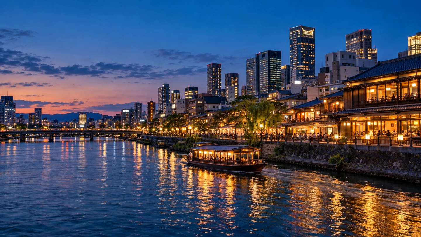 AI-generated Osaka-inspired riverside at dusk; an imagined travel scene.