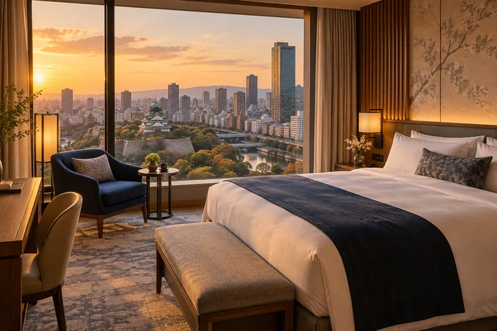 AI-generated imagined Osaka hotel room; not a listed property.