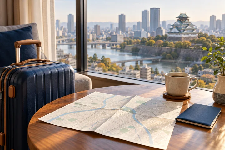 AI-generated Japan trip preparation scene with luggage and a map.
