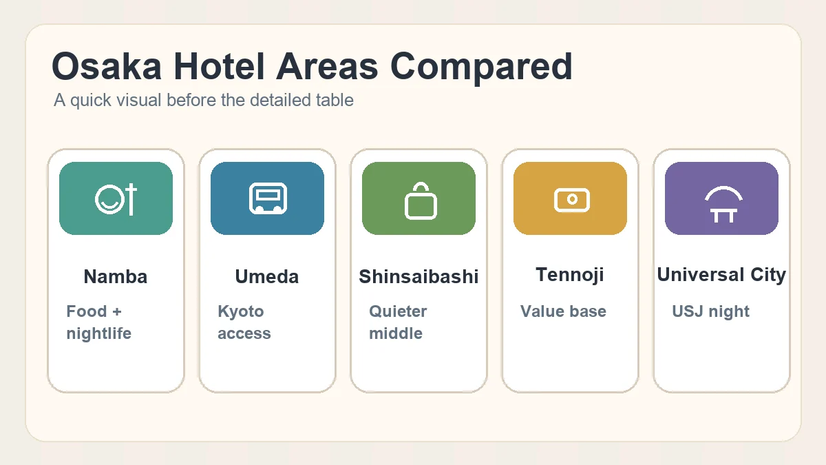 Osaka hotel area comparison cards for Namba Umeda Shinsaibashi Tennoji and Universal City