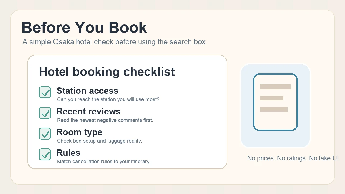 Osaka hotel booking checklist with station access reviews cancellation rules and room type checks
