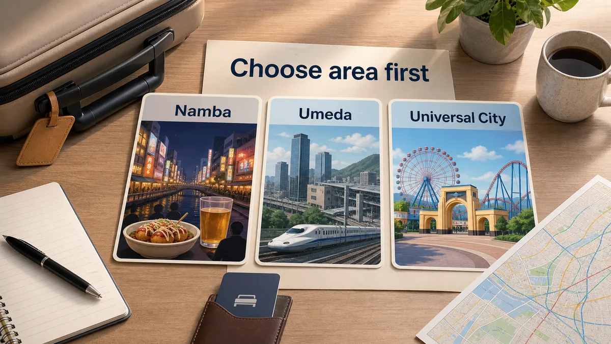 Osaka hotel area decision board for Namba Umeda and Universal City before comparing hotels