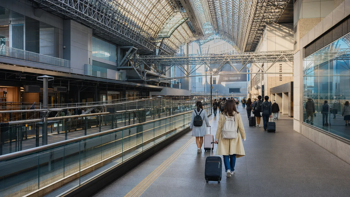 Travelers with luggage arriving inside Kyoto Station after the airport train from Kansai Airport