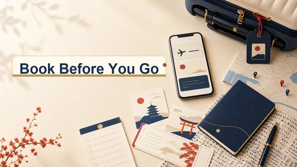 Japan trip booking essentials with phone tickets luggage and travel checklist cards