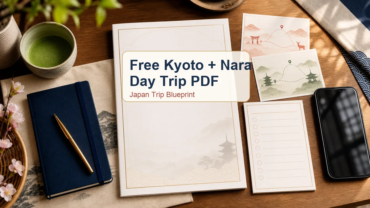 Free Kyoto and Nara day trip PDF guide mockup with itinerary checklist and map notes