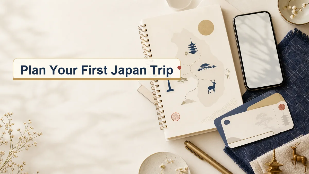 First Japan trip planning scene with a map notebook phone and Kansai travel inspiration
