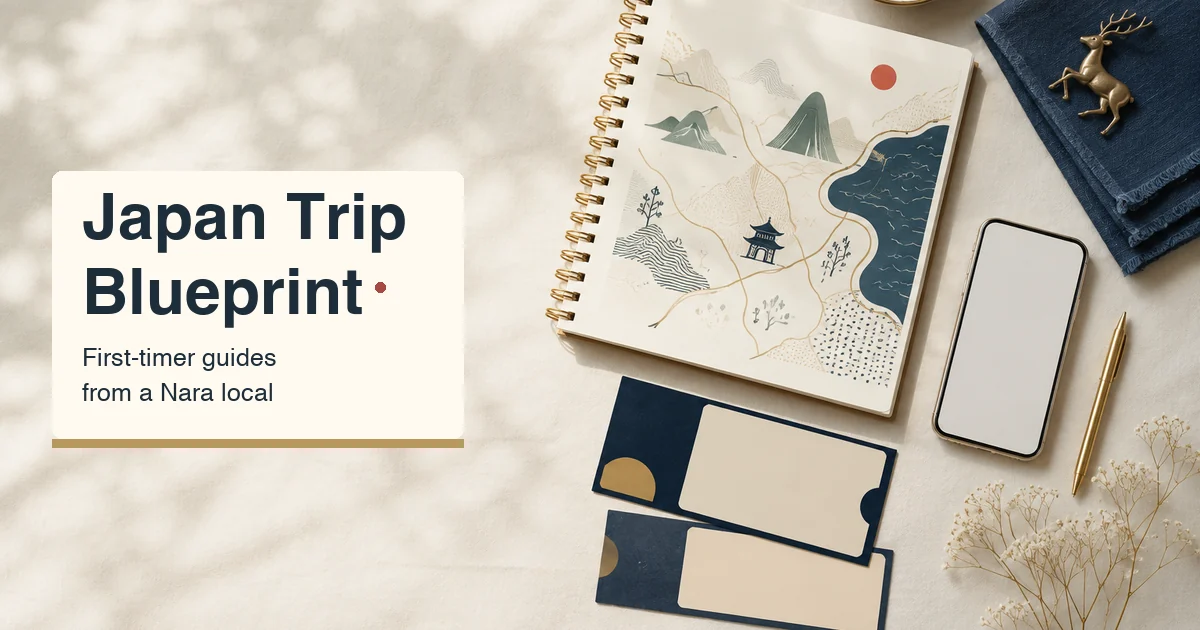 Japan Trip Blueprint — flat-lay of a travel notebook, phone, tickets and a brass deer on a cream linen surface
