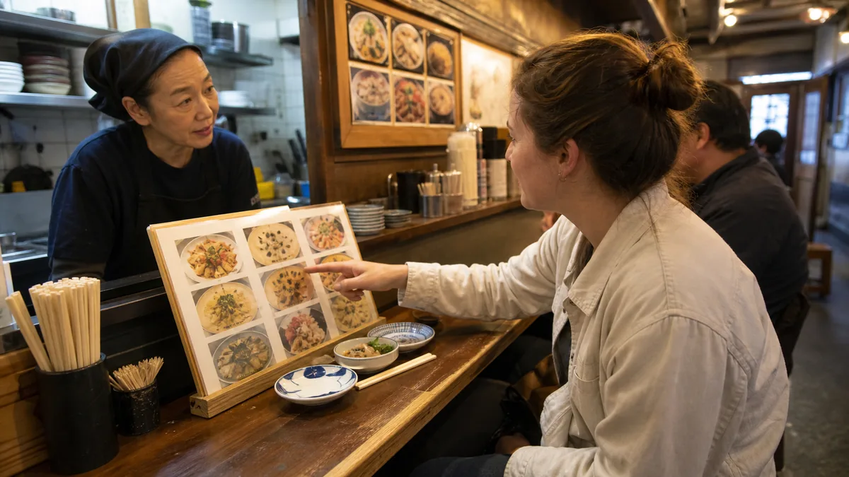 Traveler pointing at a picture menu while ordering at a small Japanese counter restaurant