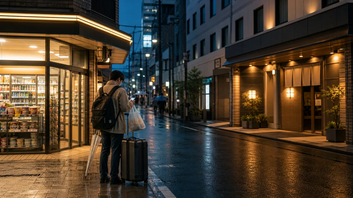 Traveler checking a hotel near a Japanese convenience store at night with luggage after arrival
