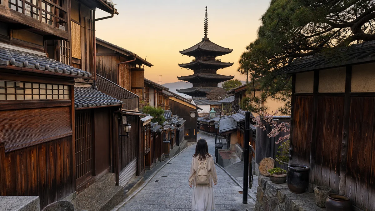 Sannenzaka slope in Higashiyama with Yasaka Pagoda in the morning for a 2-day Kyoto itinerary