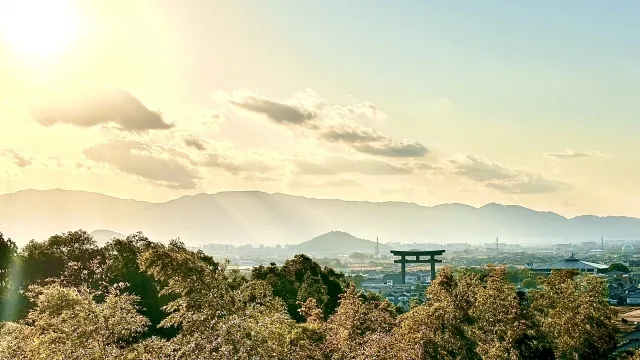 The great torii of Ohmiwa Shrine below Mt. Miwa at sunset