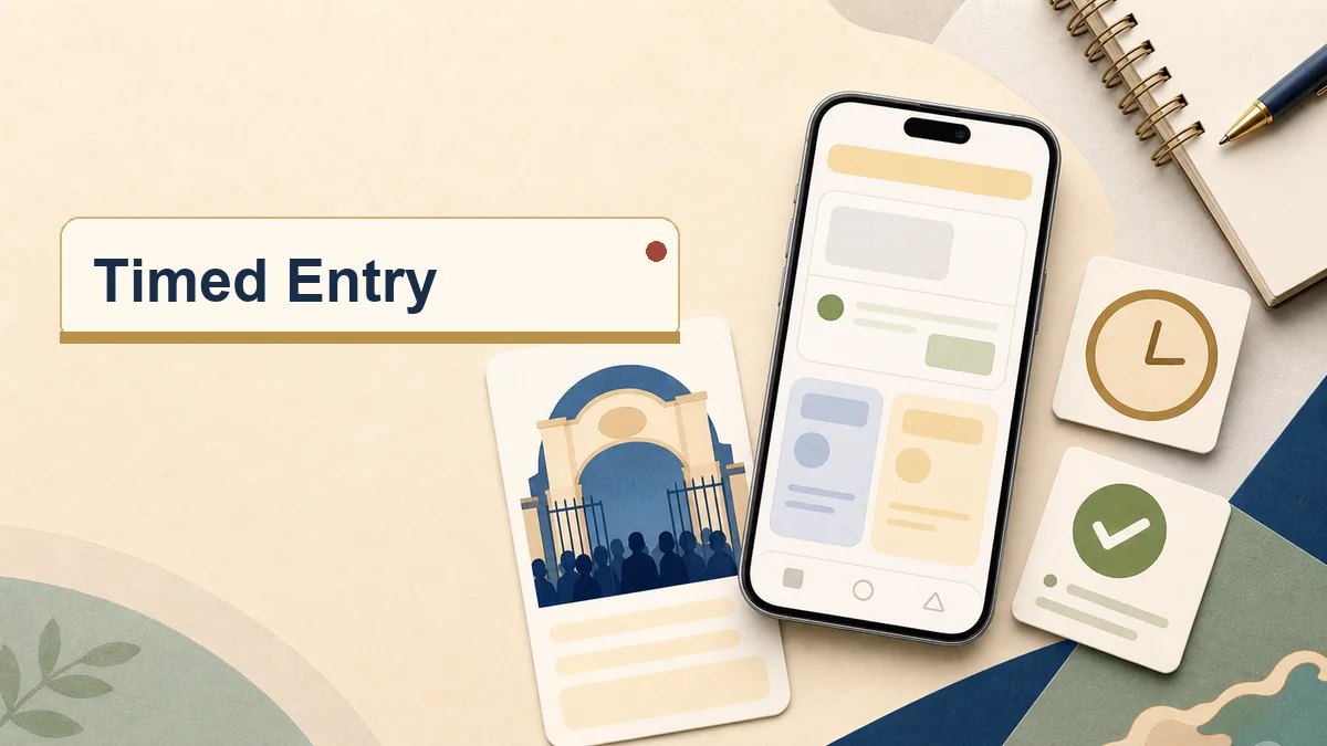 Timed entry planning concept with a phone app and area entry card for a popular USJ area