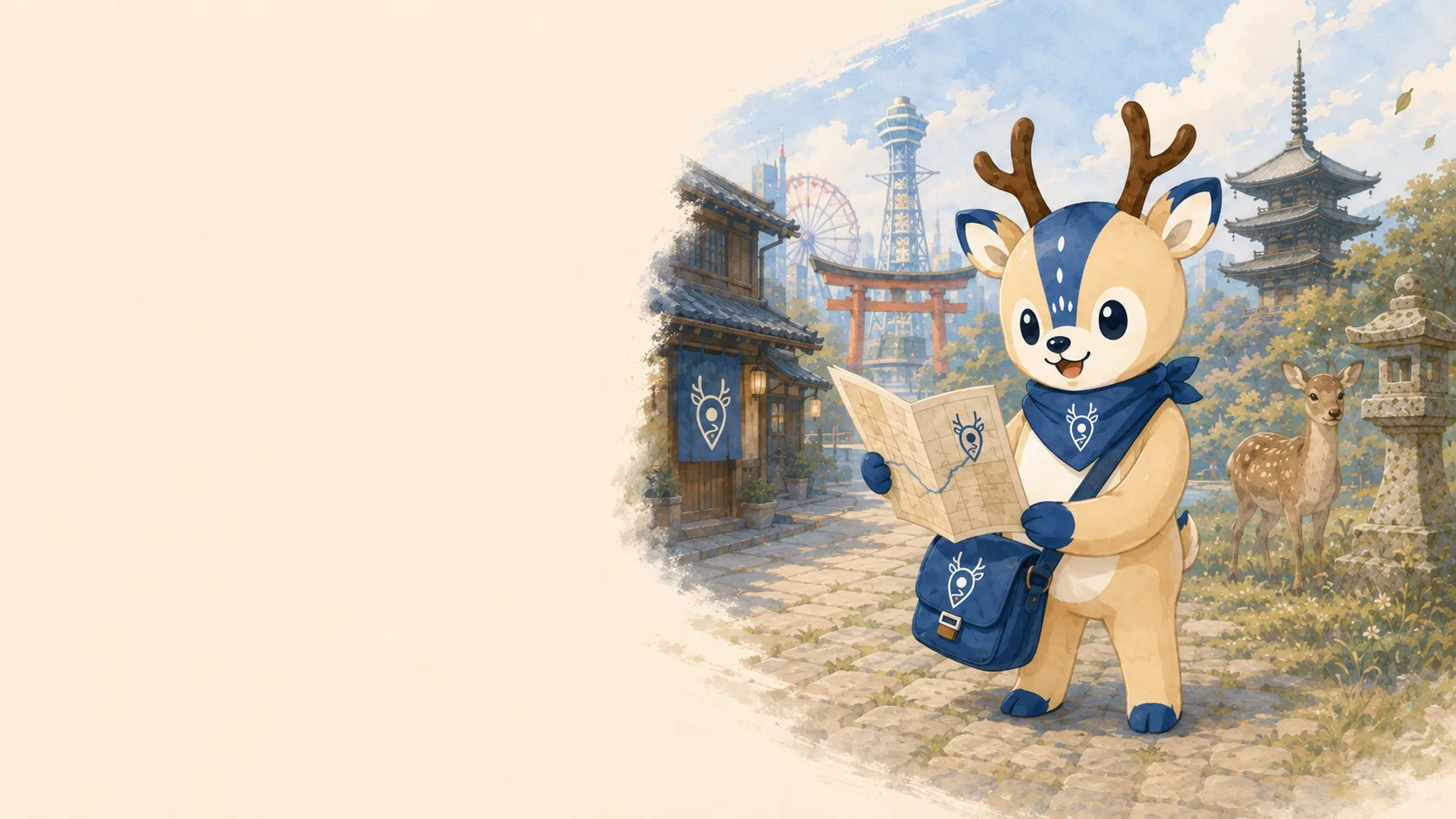 Ao, the Japan Trip Blueprint deer guide, reading a map in Kansai with Tsutenkaku, a pagoda and a Nara deer behind him