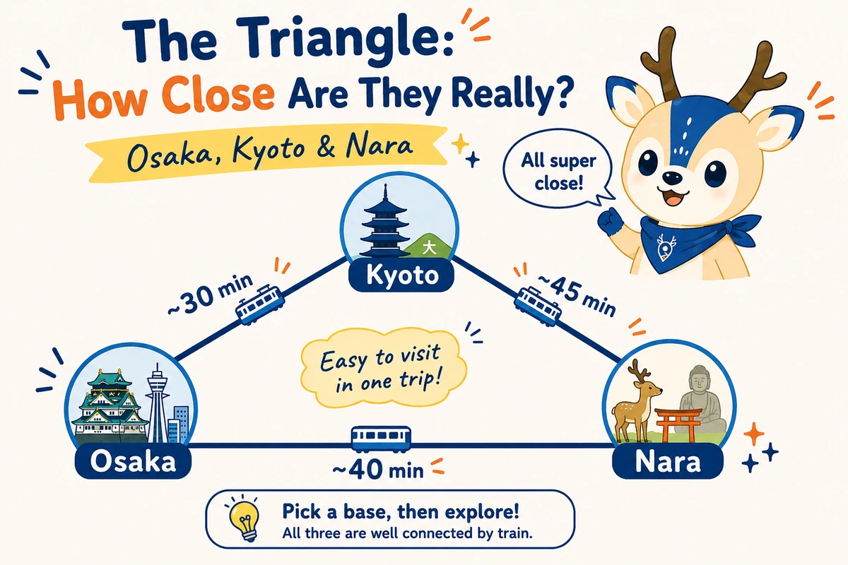 Travel times between Osaka, Kyoto and Nara: about 30 minutes Osaka to Kyoto, 45 minutes Kyoto to Nara, and 40 minutes Osaka to Nara by direct train
