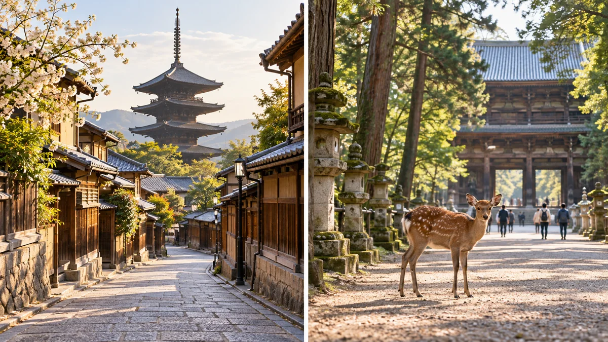 AI-generated Kyoto and Nara composite travel illustration