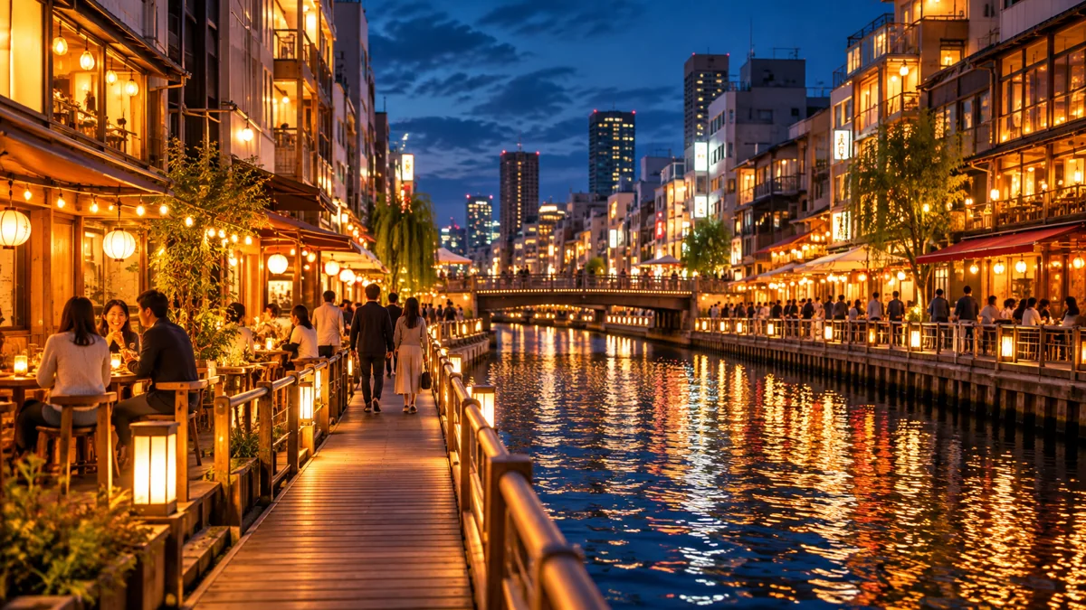 AI-generated illustration of an Osaka-inspired canal-side evening
